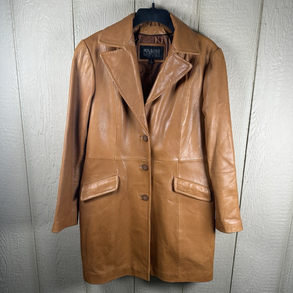 VTG 90s Wilsons Leather Pelle Studio Long Trench Coat Womens Large Cognac Camel